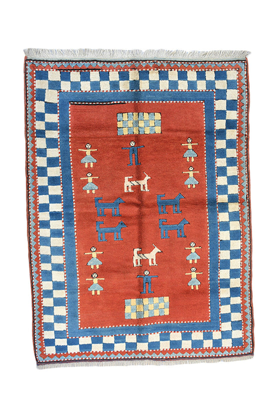 Blue Handmade Rug | Kids Room Rug | Blue Checkered Border | Animals People Cartoon | Baby Room | Red Blue Wool Rug