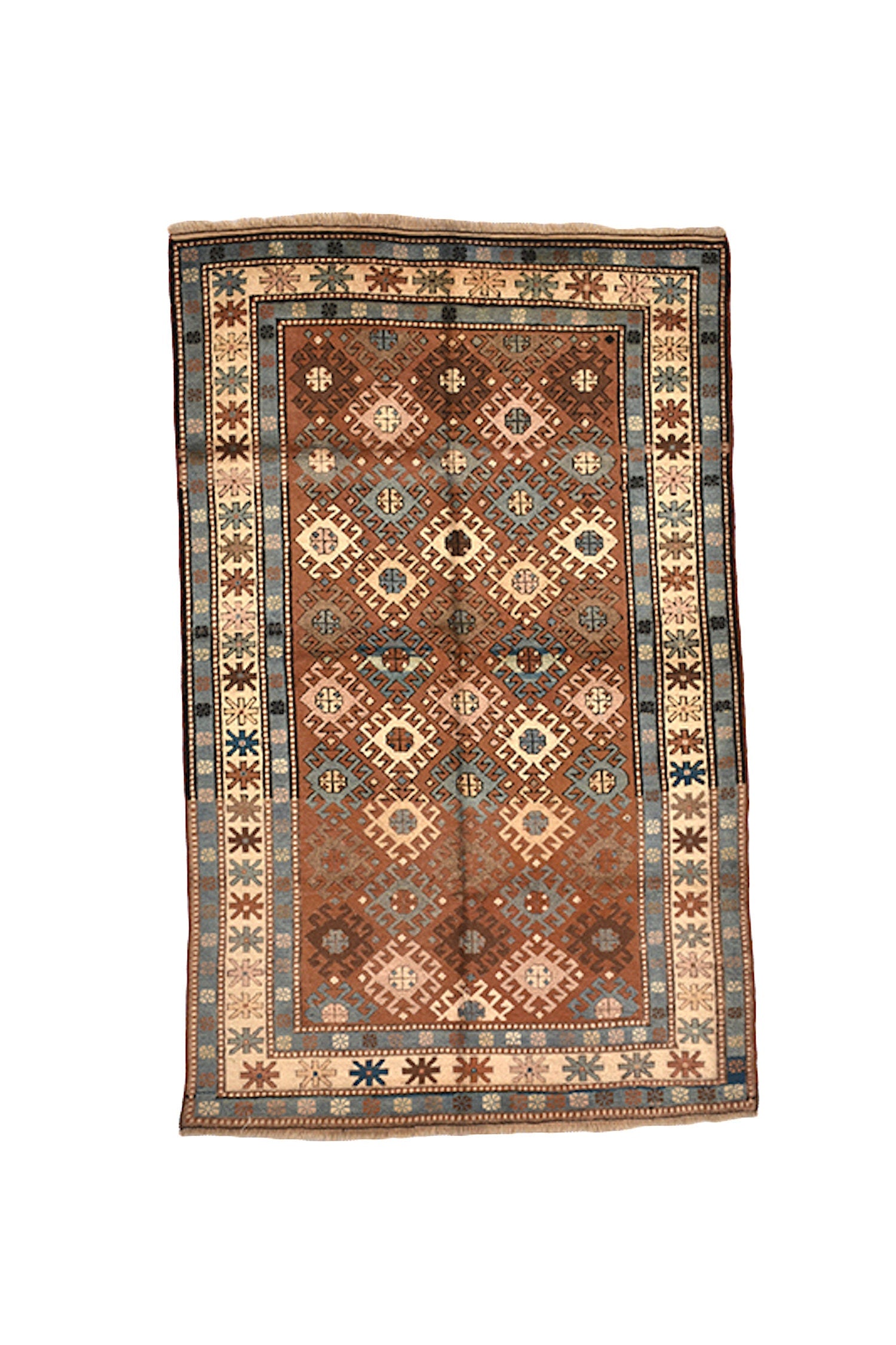 7.3 x 4.6 Feet Hand knotted rug, Brown & teal rug, Vintage geometric rug, Rustic nomadic rug, Eclectic Wool Antique Rug