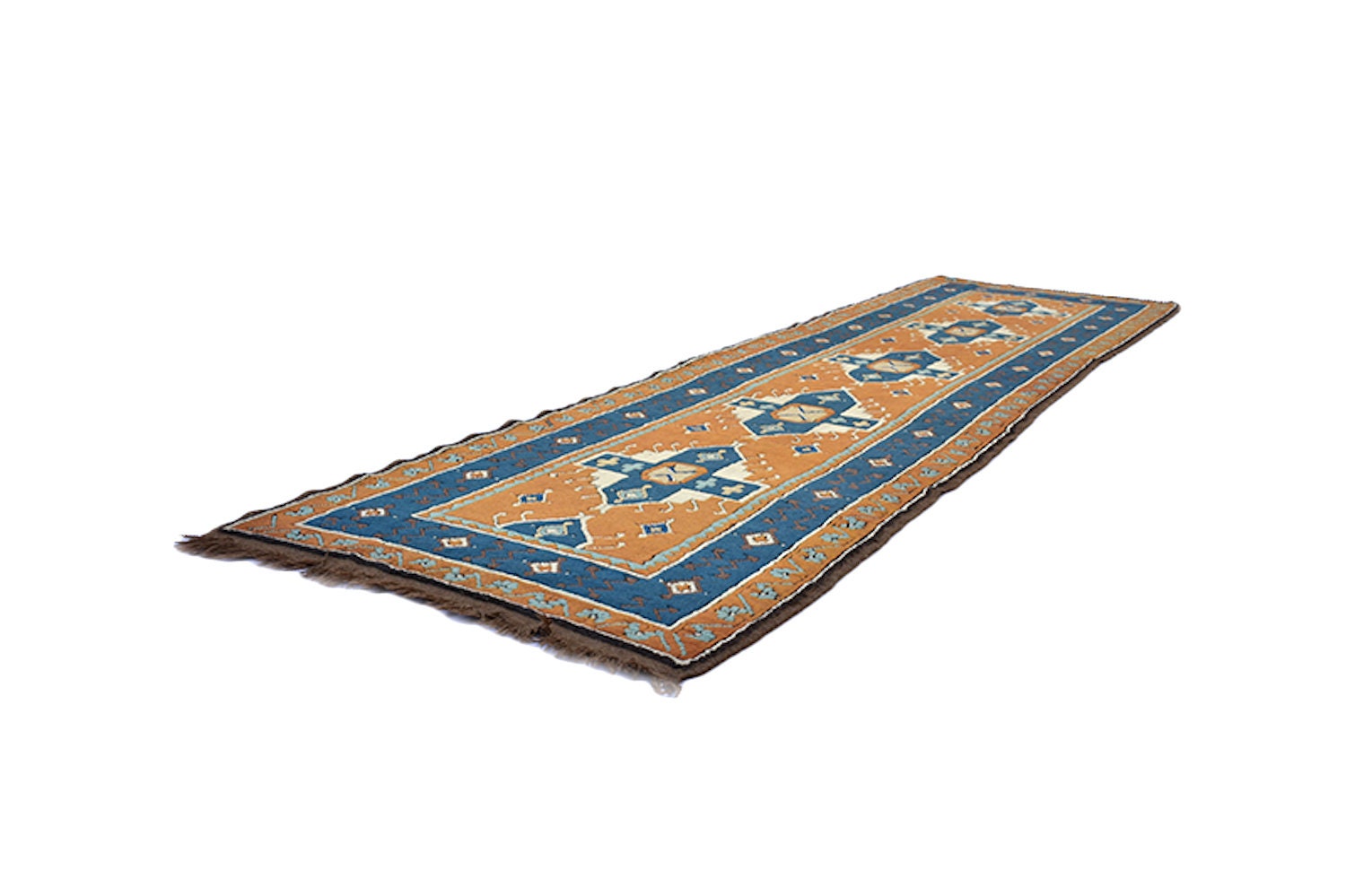 Blue Brown Vintage Runner Rug | Turkish Kazak Runner | 3 x 11 ft Runner | Geometric Tribal Style | Hand Knotted Wool Long Runner Rug