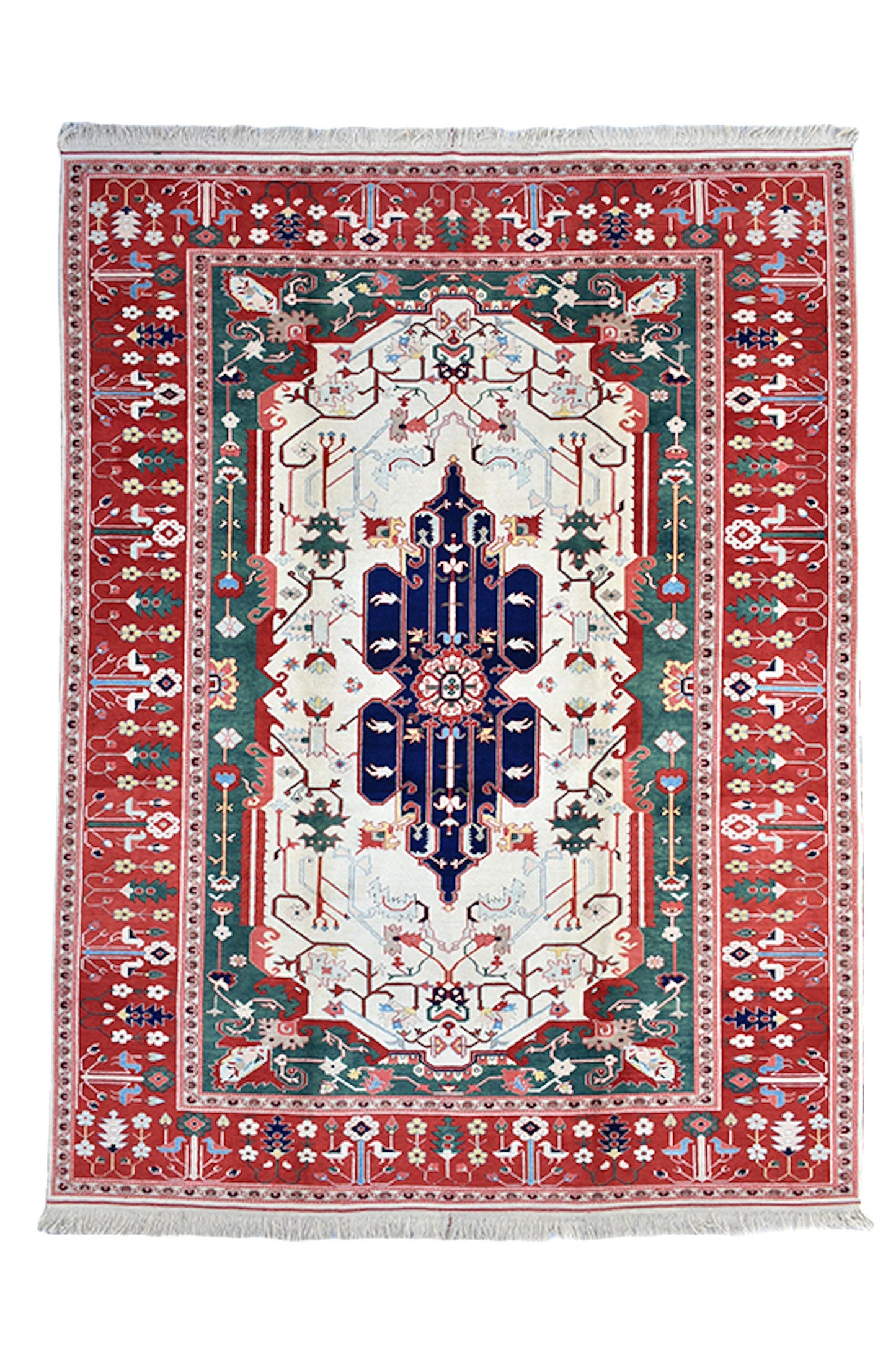 Turkish 9x11 Large Kazak Vintage Rug | Blue Green with Bright Red Border | Antique Oriental Rug | Tribal Geometric Living Room Rug