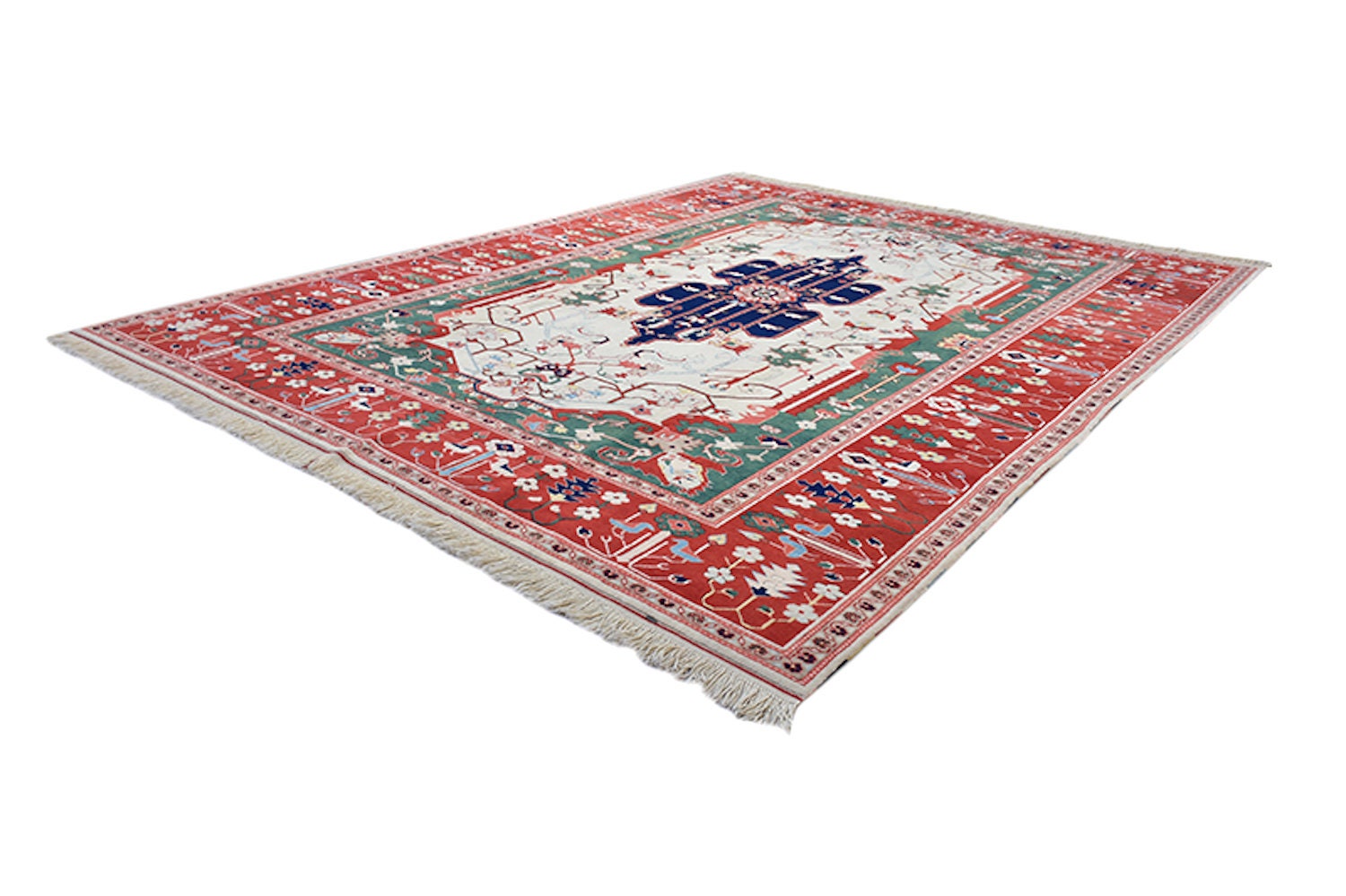 Turkish 9x11 Large Kazak Vintage Rug | Blue Green with Bright Red Border | Antique Oriental Rug | Tribal Geometric Living Room Rug