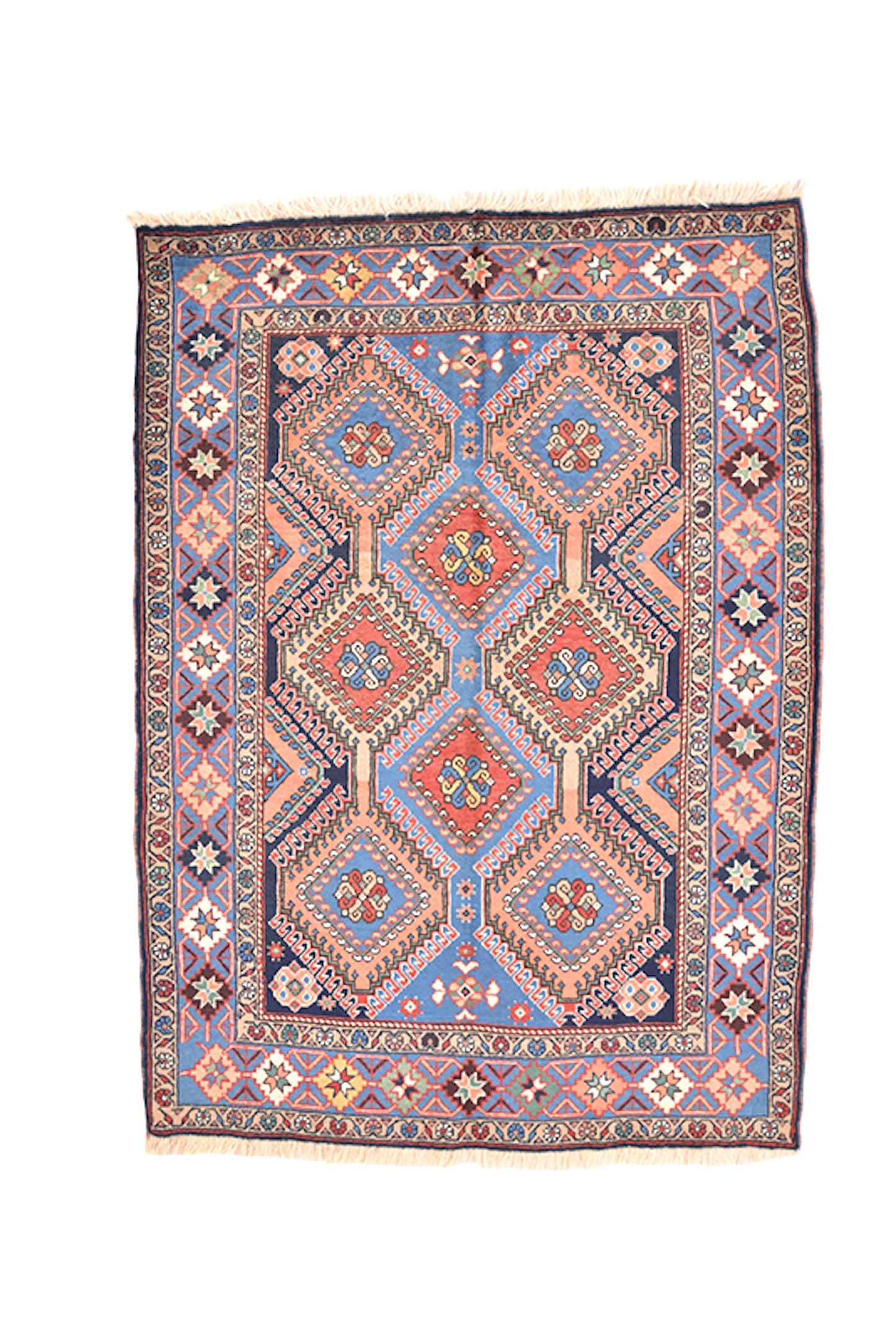 Blue Coral Ikat Rug | 4.9 x 3.6 Ft Rug | Handmade Caucasian Persian Rug | Diamond Medallions Tribal Rug | Vintage Wool Area Rug