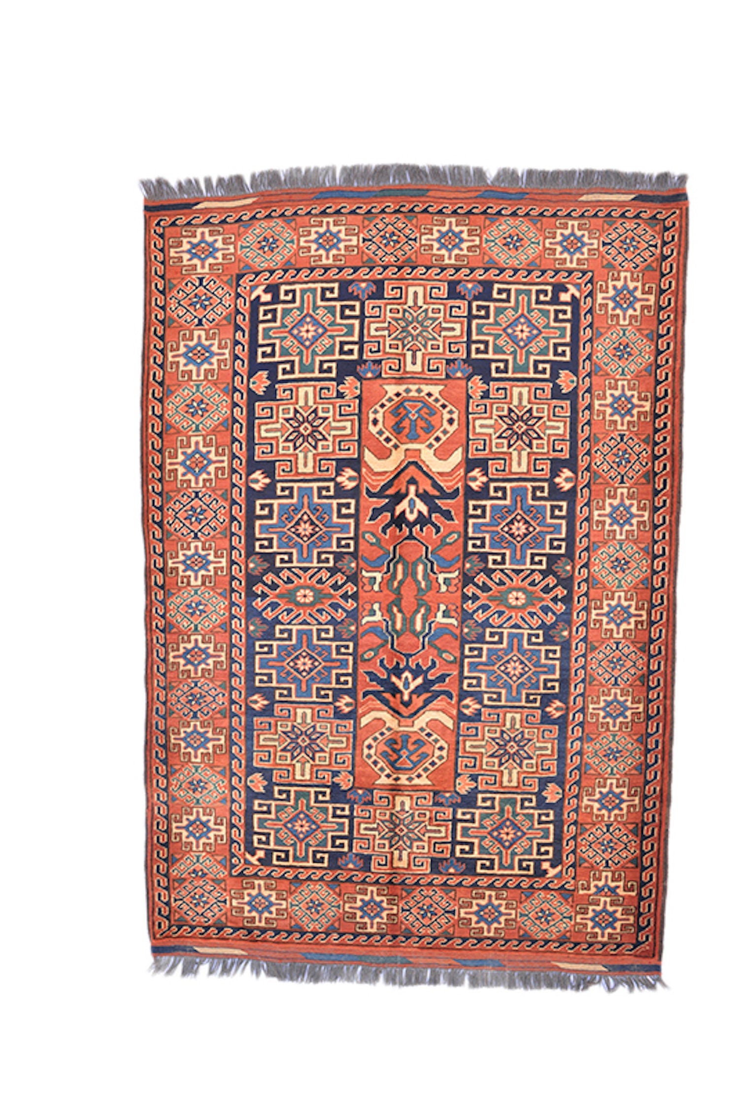 Size: 5.9 x 4.1 ft , Tribal Rusted Orange Blue Area Rug, Grid Tribal Pattern, Wool Antique Persian Rug