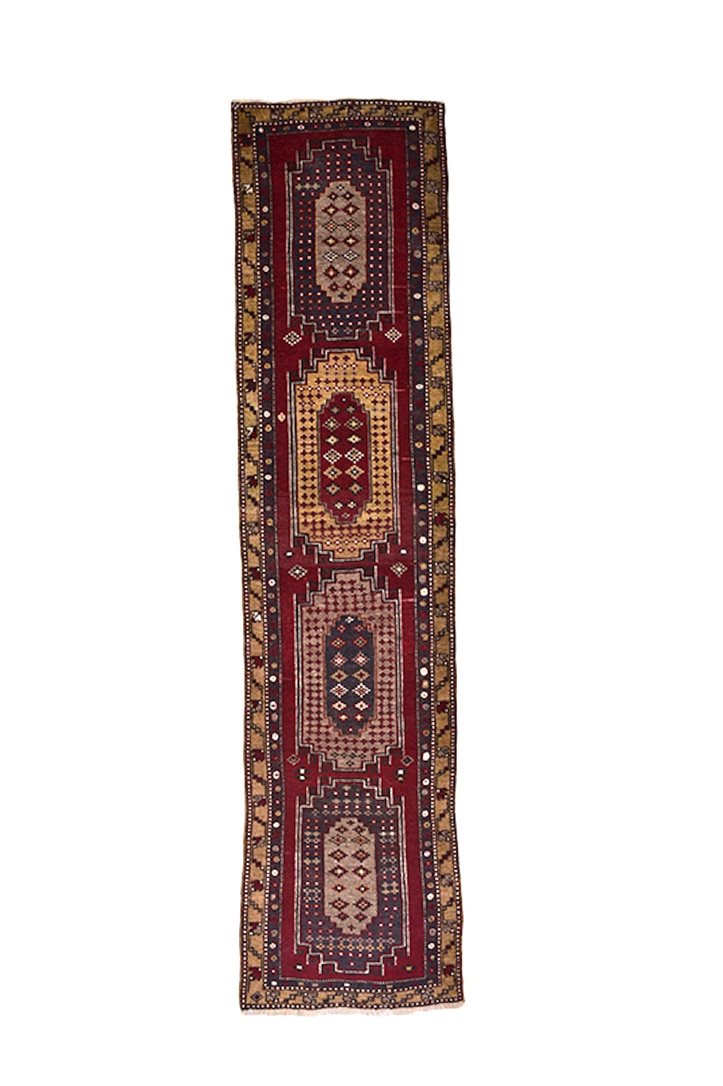 Runner Handmade Oriental | Vintage Kazak Turkish Runner Rug | 3 x 12 ft | Tribal Geometric | Wool Yellow Green Border | Colorful