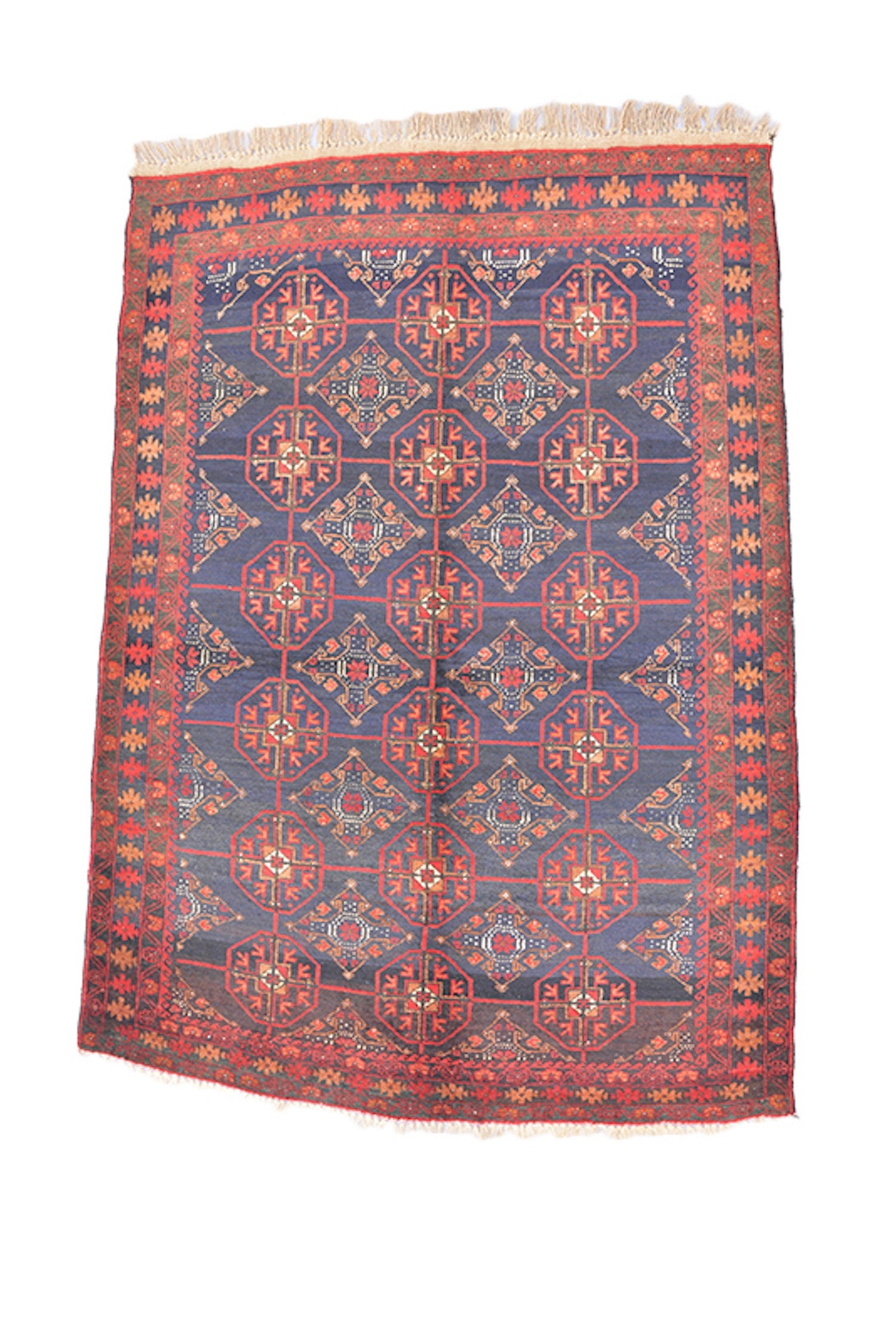 Vintage Boho 4 x 6 Low Pile Blue & Red Handmade Antique Rug with Geometric Circle Medallion Pattern