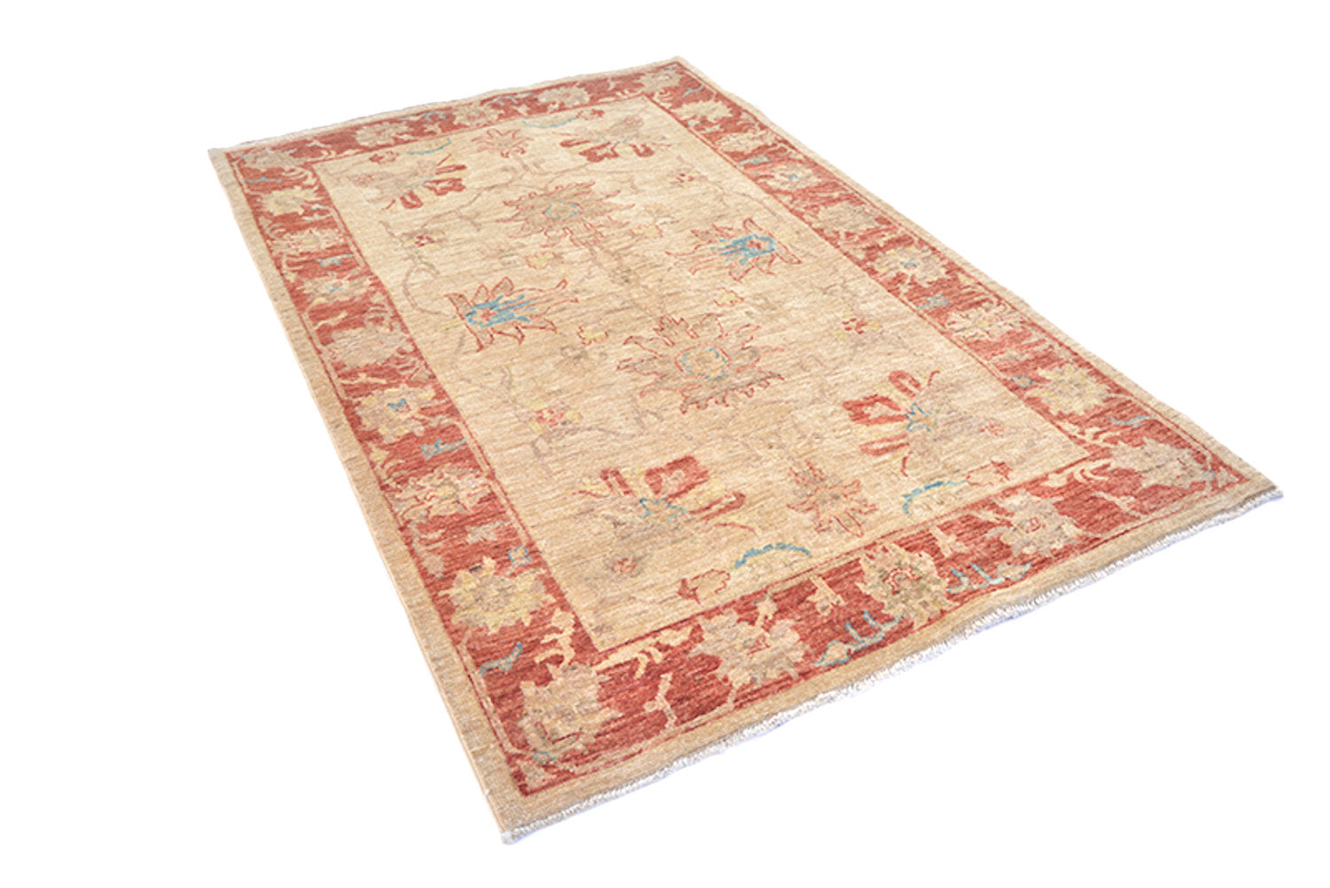 Hand Knotted Vintage Rug, 5 x 3 Feet, Beige with Coral Border, Persian Floral Design, Wool Antique Rug