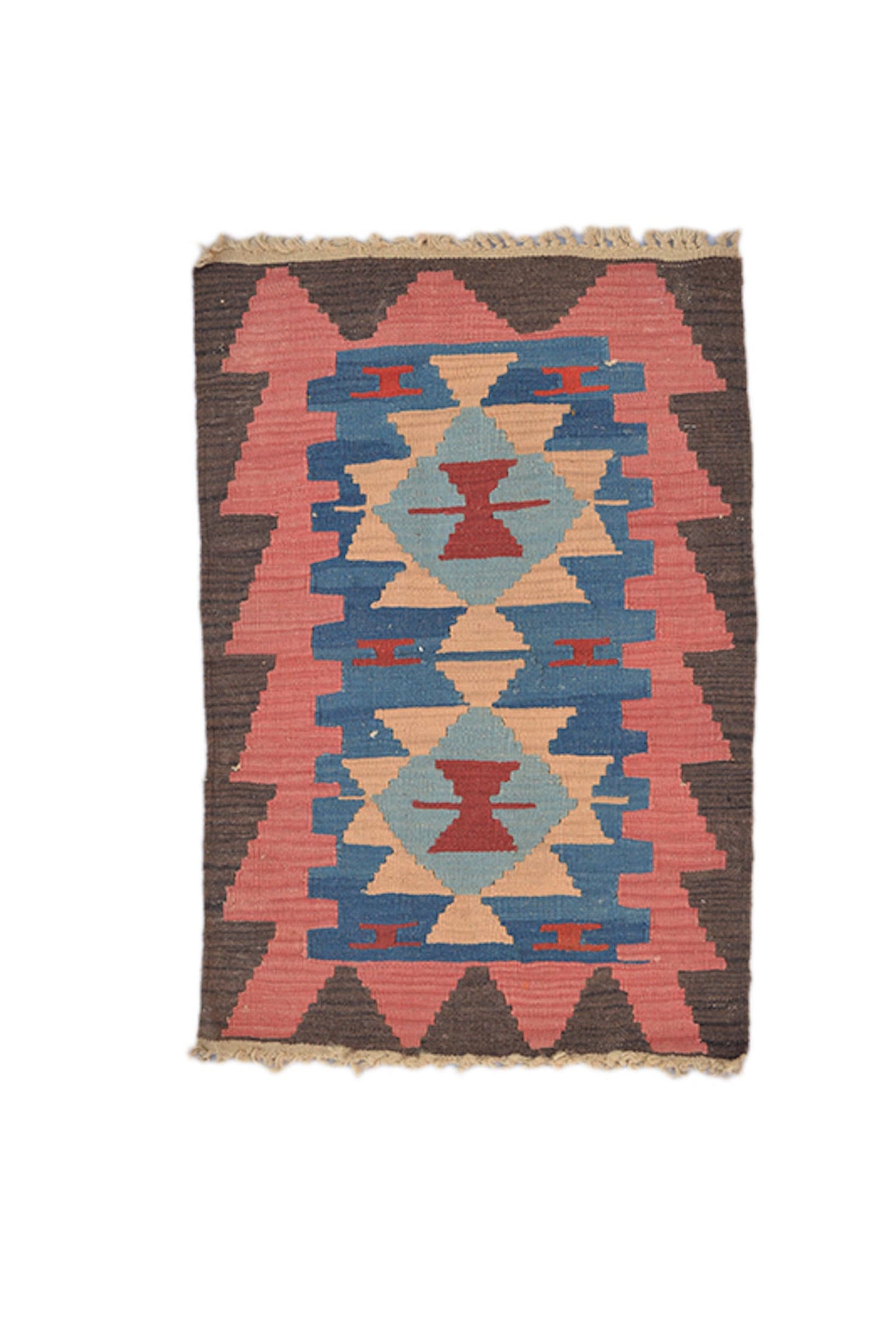 Brown Pink Turkish  2x3 Kilim, Wool Flatweave Rug, Geometric Tribal Pattern, Nomadic Boho Style, Unique Accent Rug