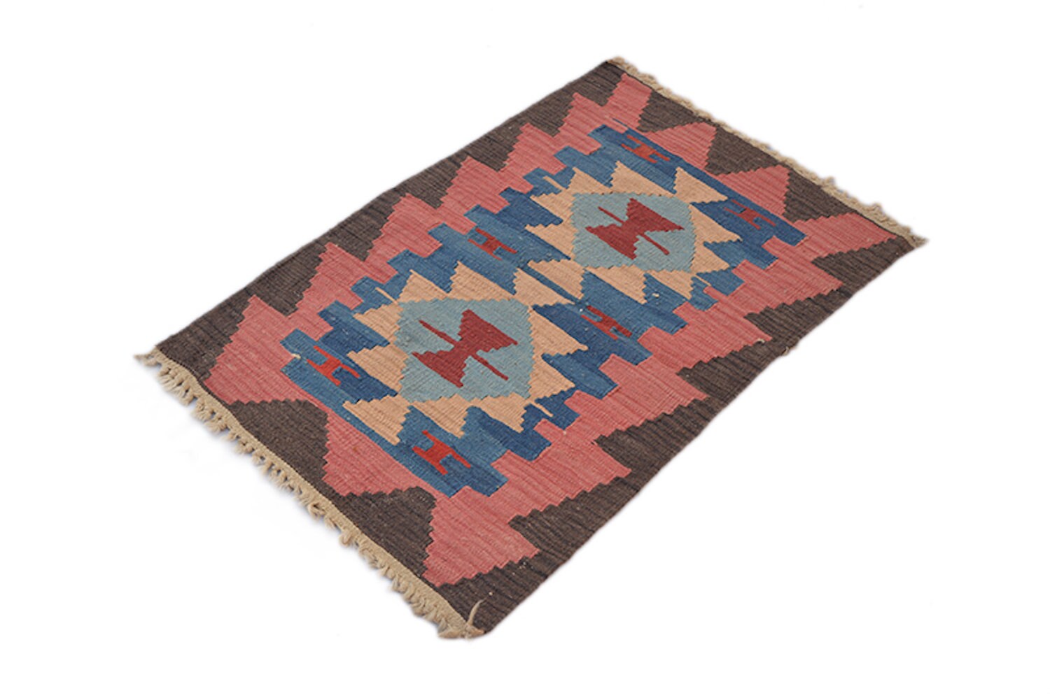Brown Pink Turkish  2x3 Kilim, Wool Flatweave Rug, Geometric Tribal Pattern, Nomadic Boho Style, Unique Accent Rug