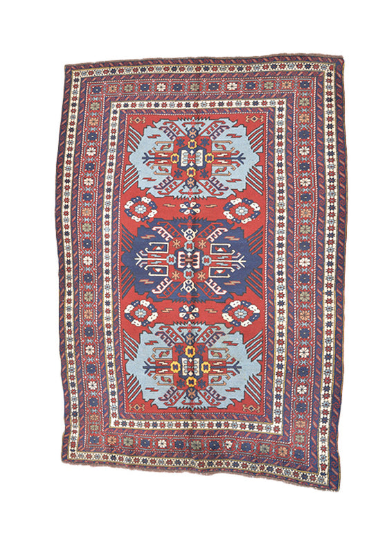 Handmade Red Blue Rug | Kazak Vintage Rug | 4 x 6 Ft | Geometric Tribal Rug | Light Blue Accent | Wool Antique