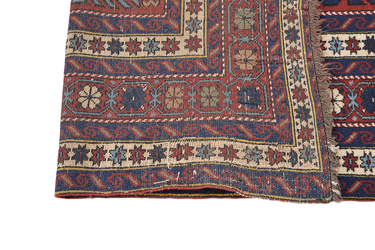 Handmade Red Blue Rug | Kazak Vintage Rug | 4 x 6 Ft | Geometric Tribal Rug | Light Blue Accent | Wool Antique