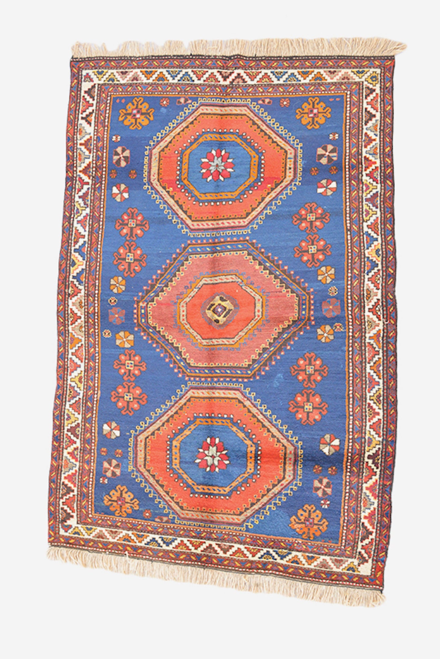 Bright Orange Blue Tribal Rug | Boho Eclectic Rug | 4 x 6 Feet | Kazak Antique Handmade Carpet | Vibrant Colorful