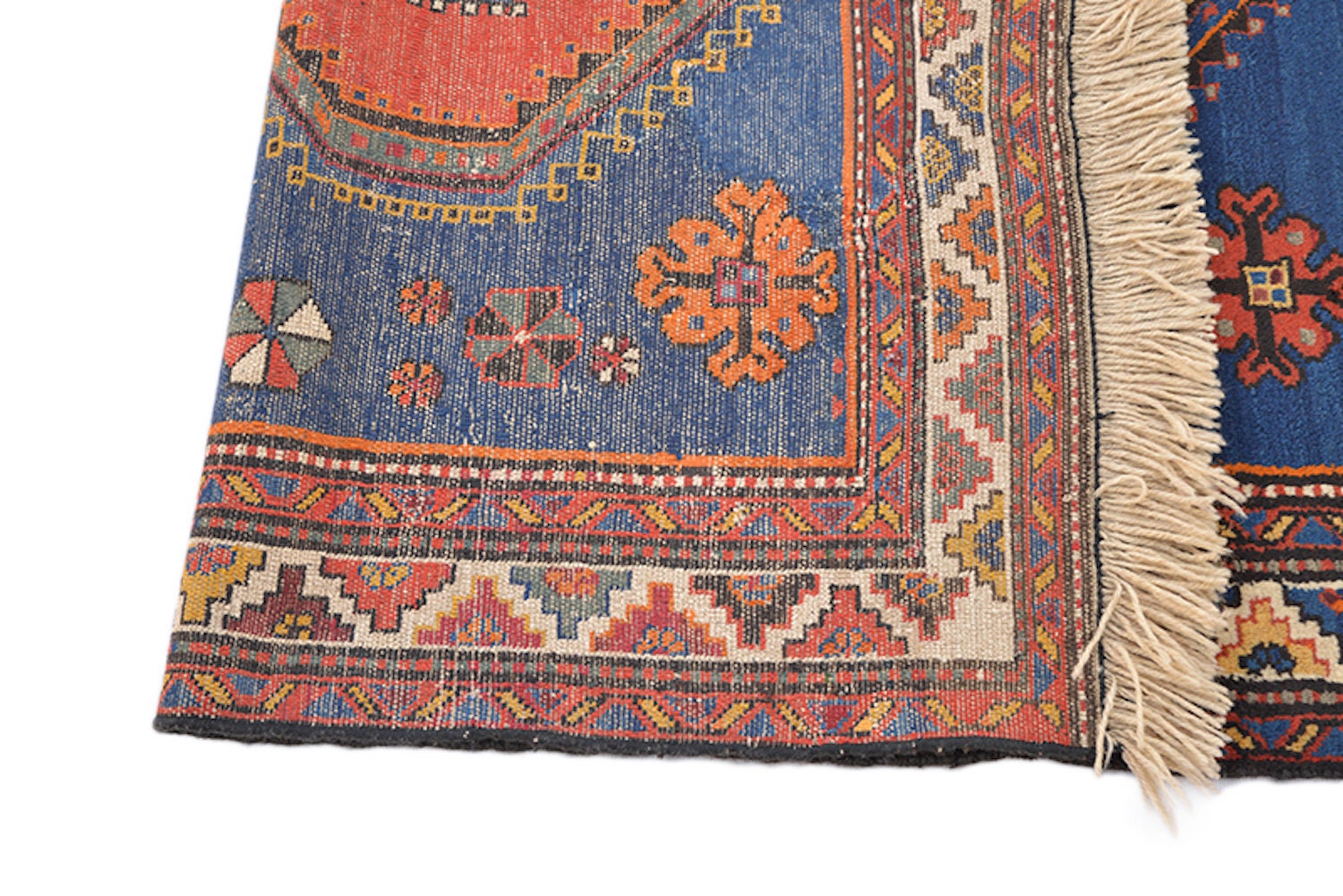Bright Orange Blue Tribal Rug | Boho Eclectic Rug | 4 x 6 Feet | Kazak Antique Handmade Carpet | Vibrant Colorful