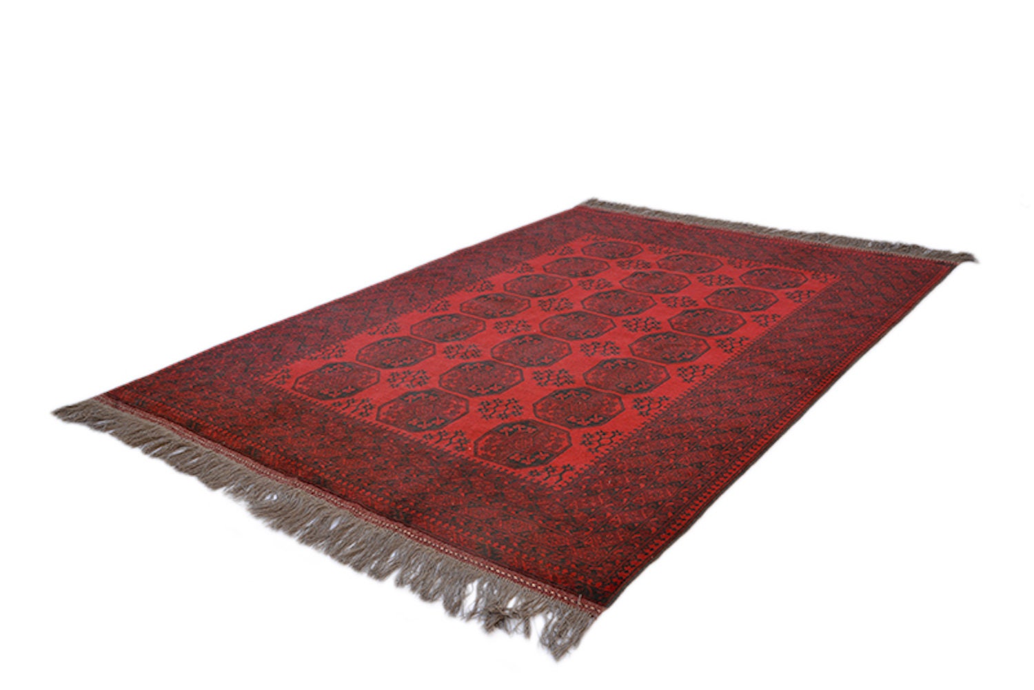 6x9 Red Oriental Low Pile Rug, Deep Bright Colored Afghan Caucasian, Antique Hand Knotted  with Wool