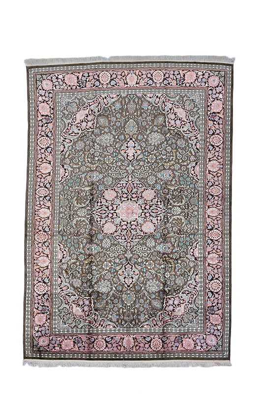 Large 8 x 11 Feet Rug, Kashmir Silk Oriental Persian Design Rug, Pink Black Blue Stunning Vintage Hand Knotted Antique
