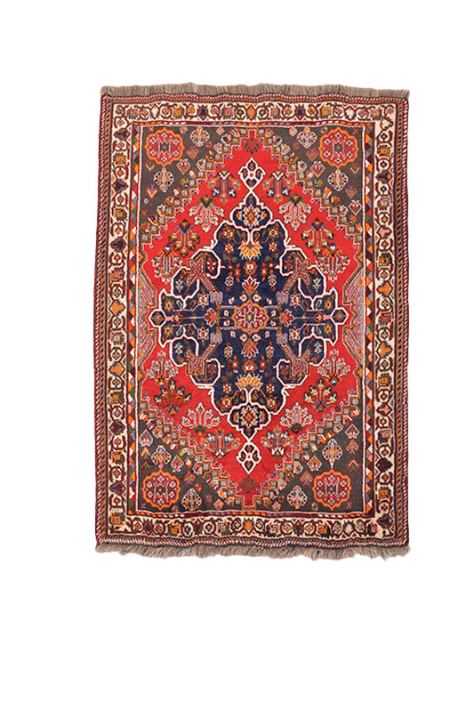 Red Bohemian 4 x 5 Rug  | Geometric Vintage Wool Rug | Tribal Persian Hand Knotted Bright Medallion Rug