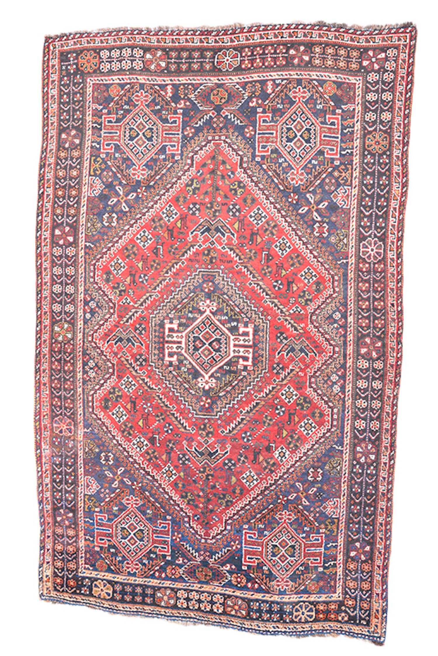 Red Medallion Handmade Rug | Red Navy Blue | 4 x 7 Ft | Persian Turkish Style | Boho Tribal Nomadic | Hand Knotted Wool Rug