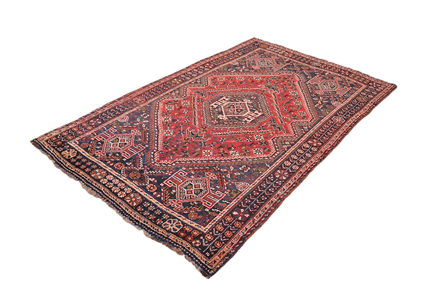 Red Medallion Handmade Rug | Red Navy Blue | 4 x 7 Ft | Persian Turkish Style | Boho Tribal Nomadic | Hand Knotted Wool Rug