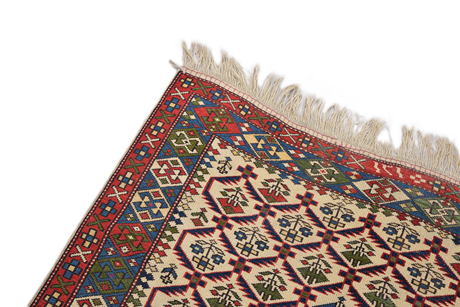 Beige Tribal Rustic Rug | Kazak Area Rug | 3 x 5 Rug | Beige Blue Red Rug | Geometric Rug | Oriental Wool Antique Rug
