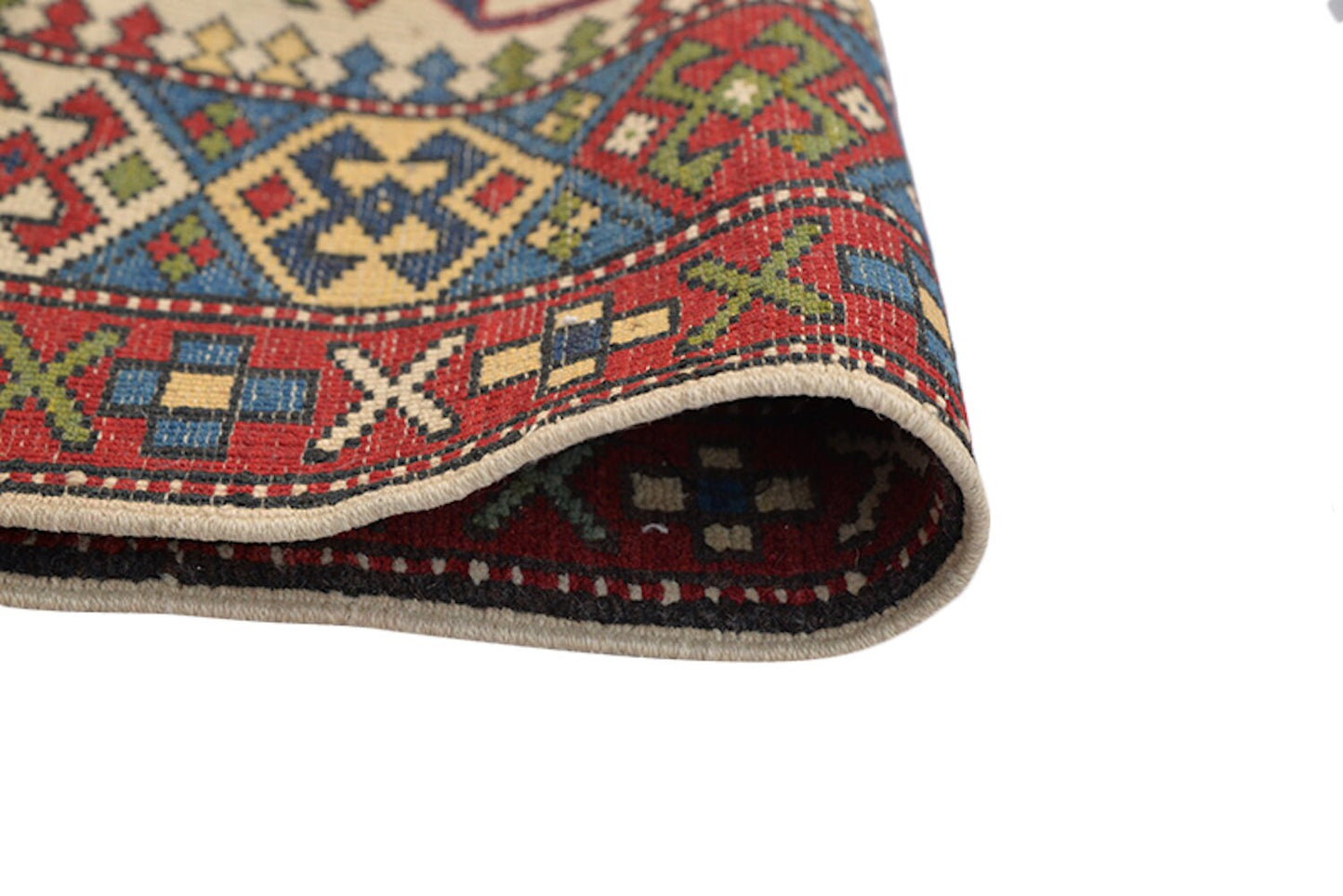 Beige Tribal Rustic Rug | Kazak Area Rug | 3 x 5 Rug | Beige Blue Red Rug | Geometric Rug | Oriental Wool Antique Rug