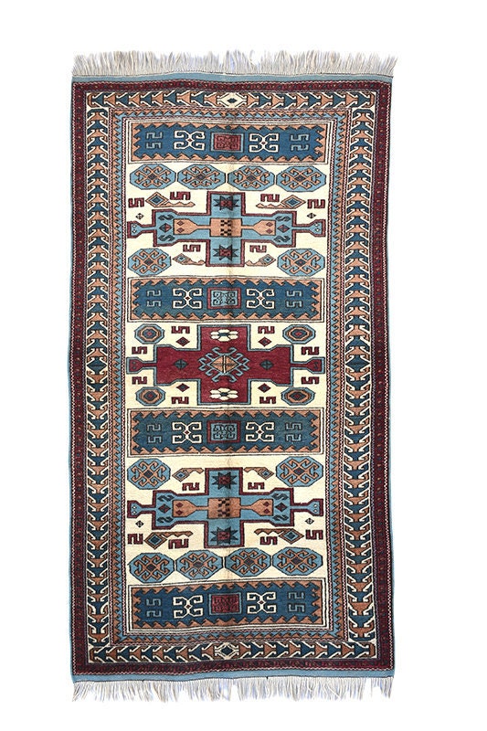 Blue Beige Oriental Aztec Design Rug | 3 x 6 Hand Knotted Wool