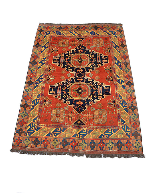 Size 9.5 x 7.2 Ft Handmade Rug | Antique Persian Rug | Orange Tribal Rug | Navy Medallion Rug | Beige Geometric Border | Wool Large Area Rug