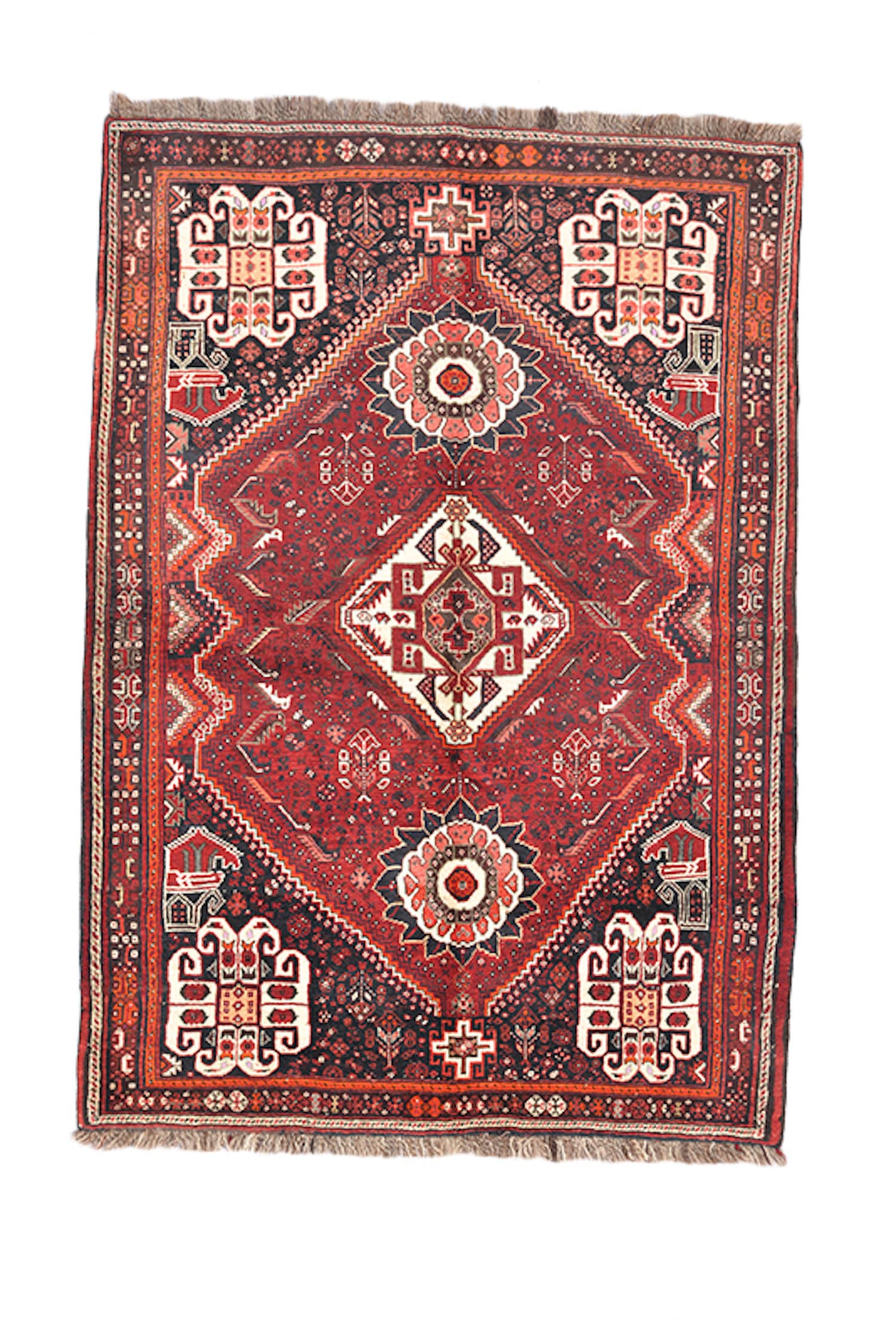 Tribal Hexagon Oriental Rug | 4 x 6 ft | Bright Red Rug | Boho Rustic Rug | Accent Kitchen Rug | Persian Caucasian Rug | 100% Wool