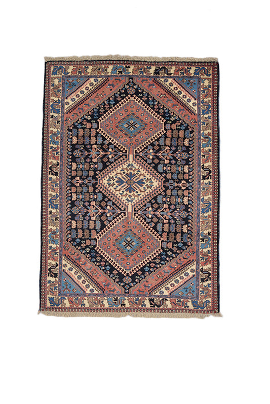 4'8" x 3'4" Feet | Rustic Style Area Rug | Handmade Antique Rug | Geometric Medallion | Vintage Pink Navy Blue | Tribal Wool Area Rug