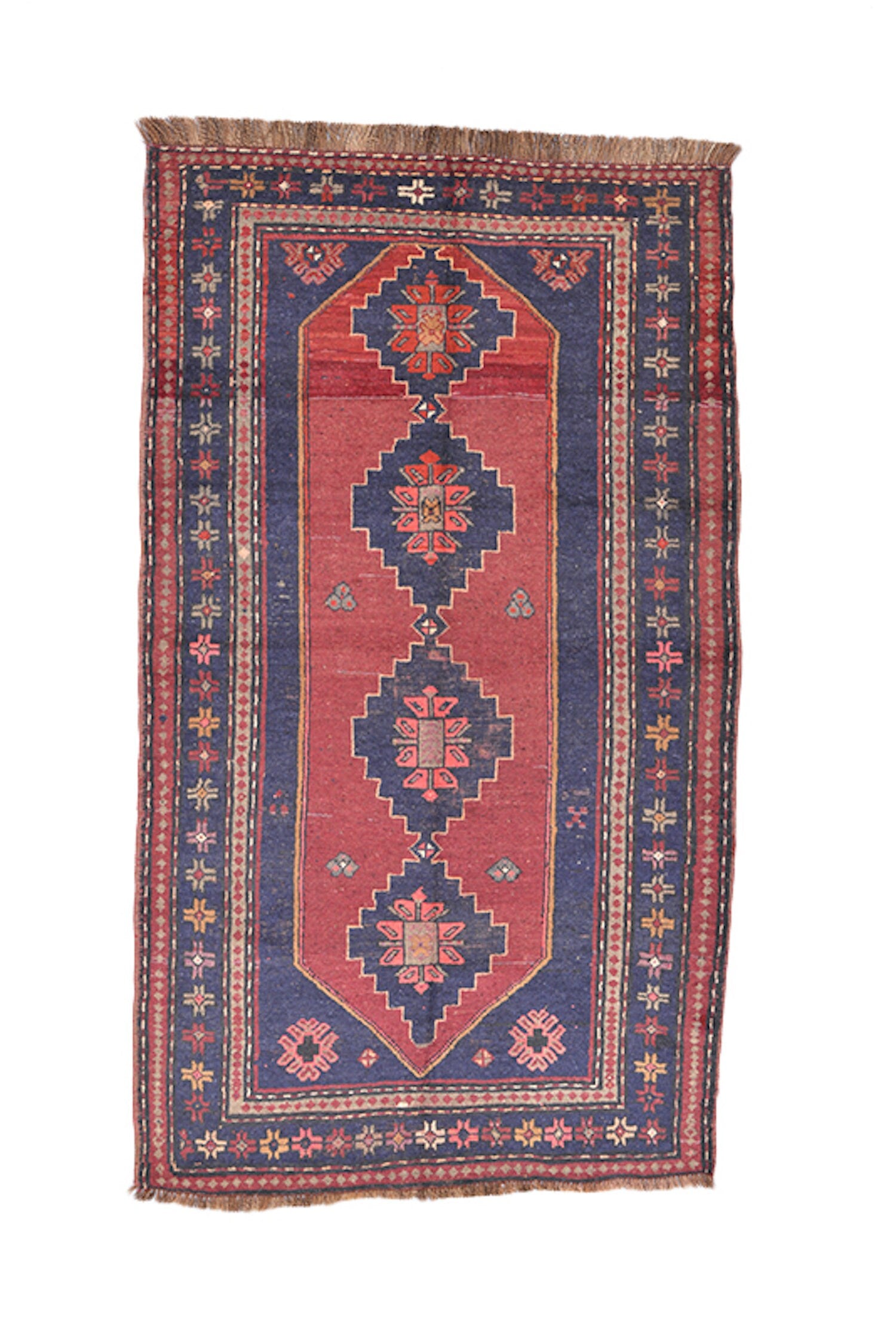 7.1 x 3.9 Feet | Navy Red Tribal Rug | Vintage Geometric Rug | Bright Coral Accents | Handwoven Wool Rug | Afghan Runner Rug