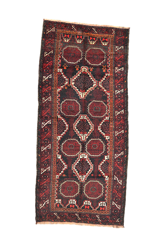 Vintage Rug 4 x 9 Dark Runner | Red Brown Hallway Runner Rug | Geometric Tribal | Wool Nomadic Hand Knotted Rug | Antique Afghan Rug