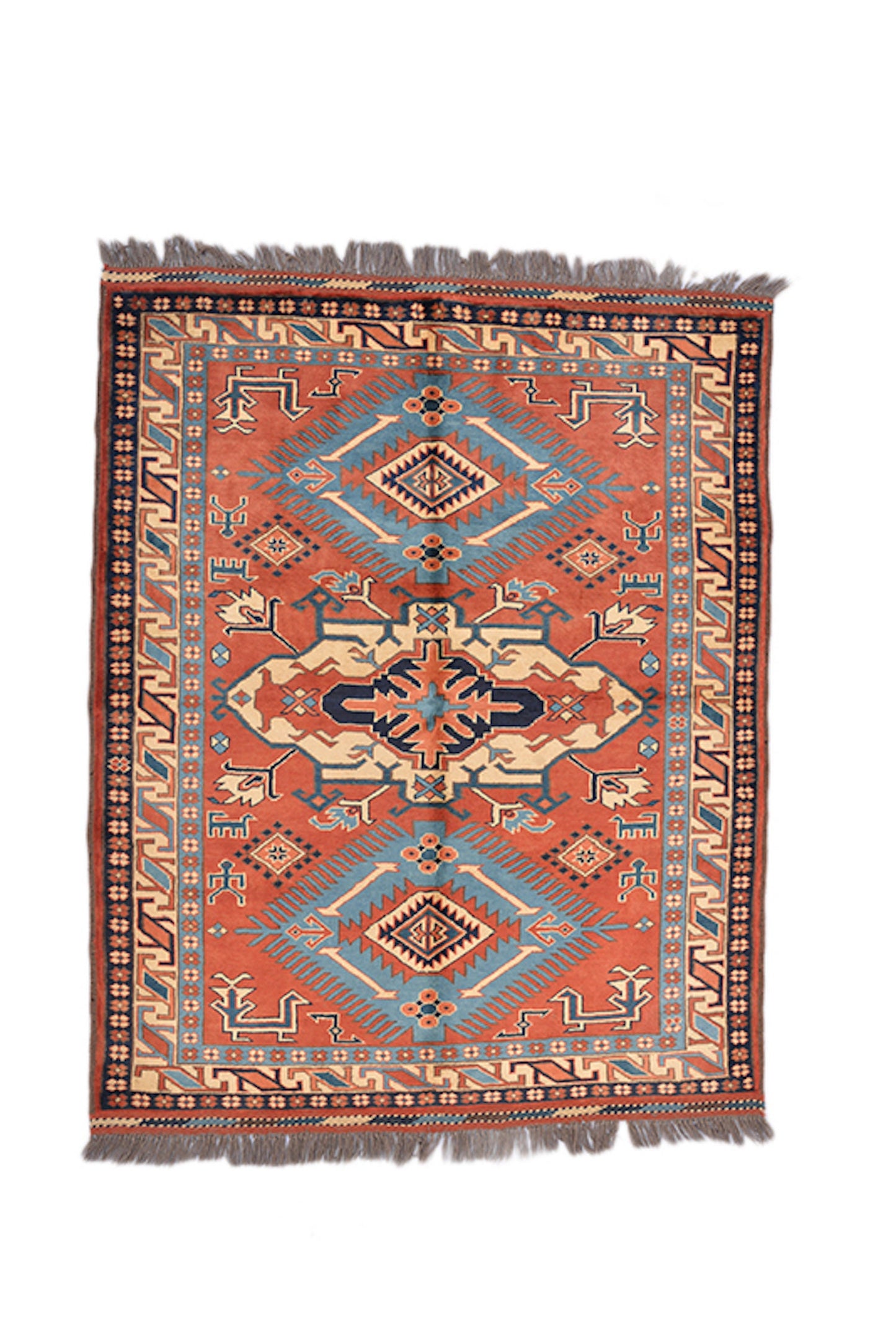 Orange Light Blue 5x6 Persian Rug | Vintage Area Rug | Geometric Boho | Light Blue Diamond Pattern | Wool Handmade Rug | 5x7 Feet