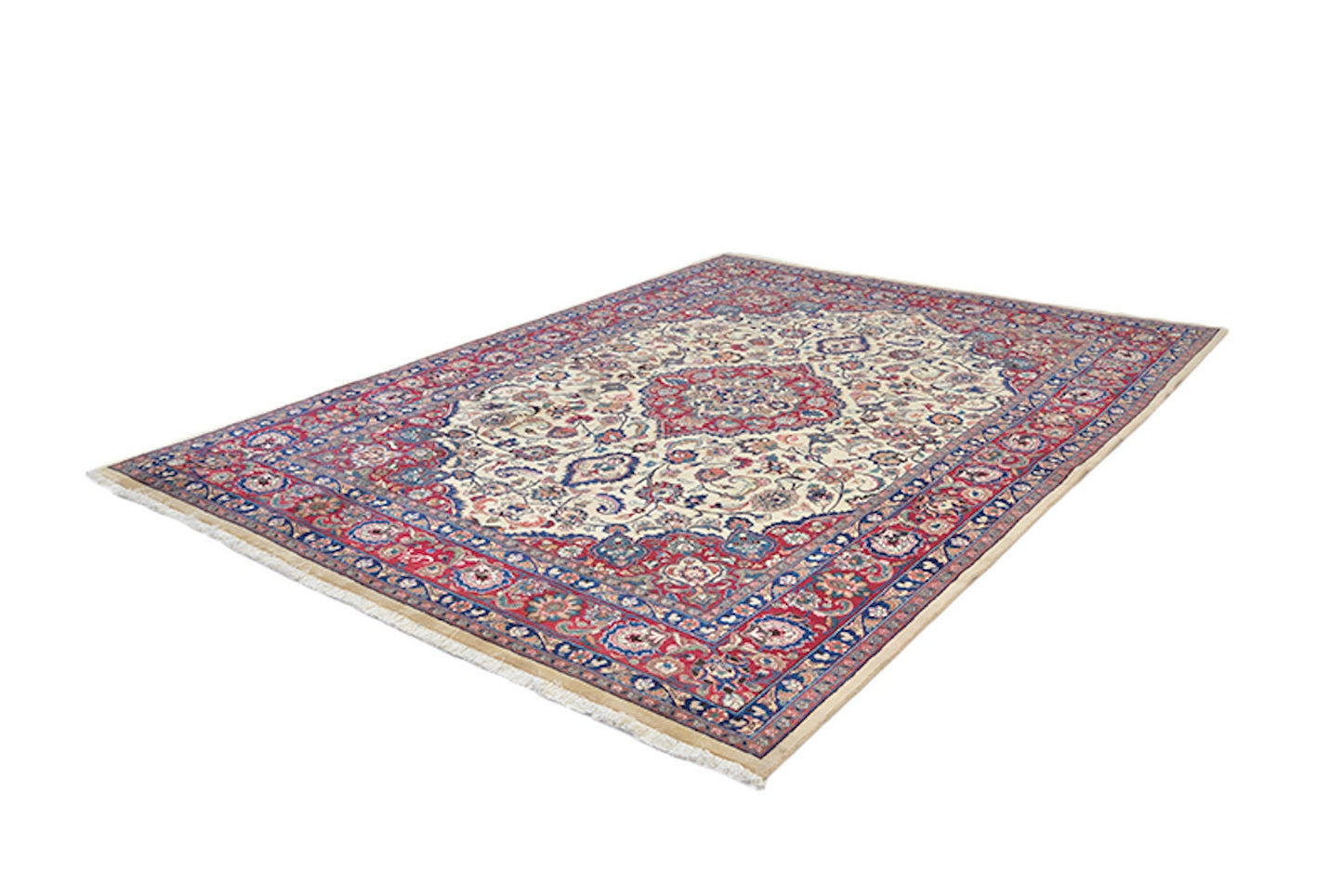 Large Red Persian 8x11 Rug with Beige Medallion | Hand Knotted with Oriental Design | Blue and Red Border | Luxury Wool & Cotton Rug