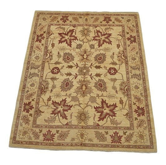 Beige Antique 6x8 Persian Rug with Floral Pattern, Large Border, Hand Knotted with Wool for Rustic Home Style