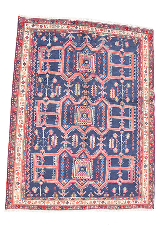 7 x 5 Feet | Blue Geometric Rug | Vintage Tribal Rug | Red Nomadic Motifs | Hand Knotted Persian Turkish Caucasian Area Rug | Antique Wool