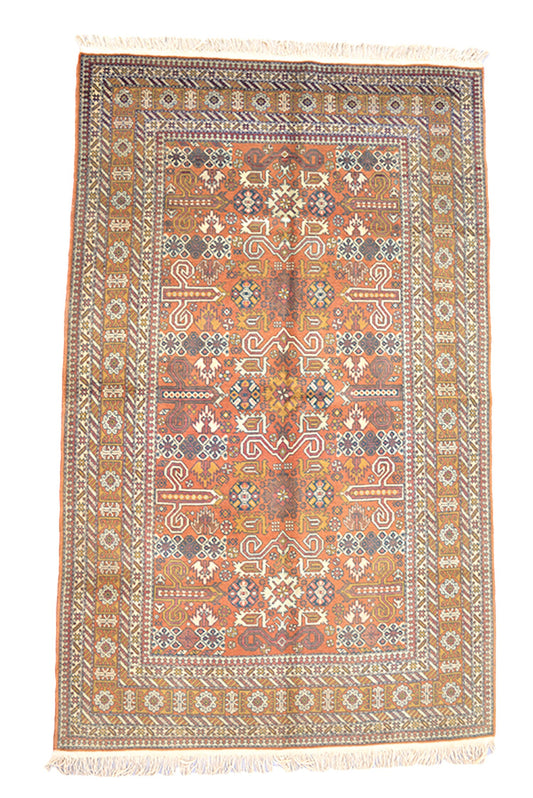 Light Orange Persian Rug | Yellow Mustard Color Tribal Geometric Motifs | Green Blue Highlights | 4 x 7 Feet | Rustic Style Rug