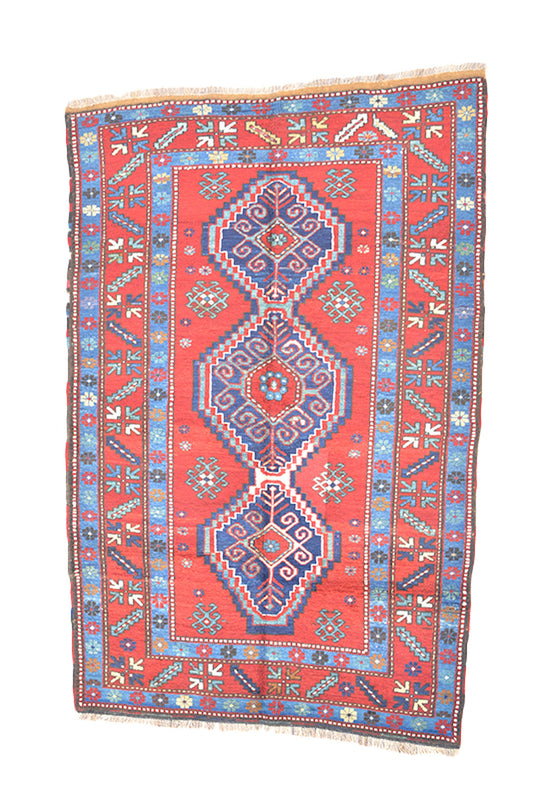 Red Blue Vintage Rug | Kazak Handmade Rug | 4 x 6 Ft | Geometric Tribal Rug | Antique Rug | Wool Boho Rustic Style