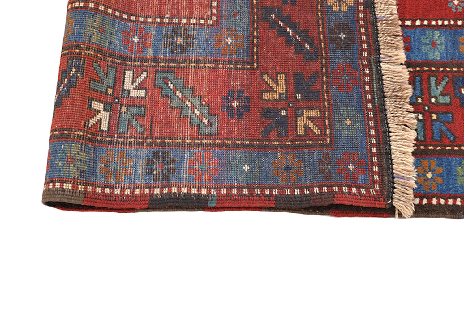 Red Blue Vintage Rug | Kazak Handmade Rug | 4 x 6 Ft | Geometric Tribal Rug | Antique Rug | Wool Boho Rustic Style