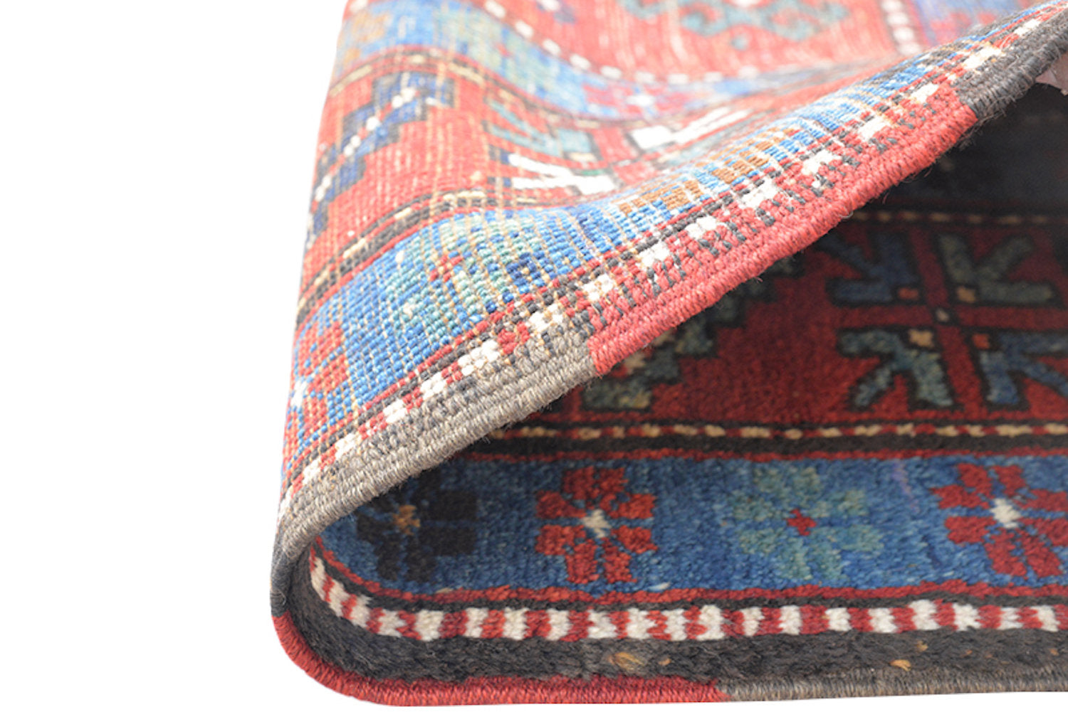Red Blue Vintage Rug | Kazak Handmade Rug | 4 x 6 Ft | Geometric Tribal Rug | Antique Rug | Wool Boho Rustic Style