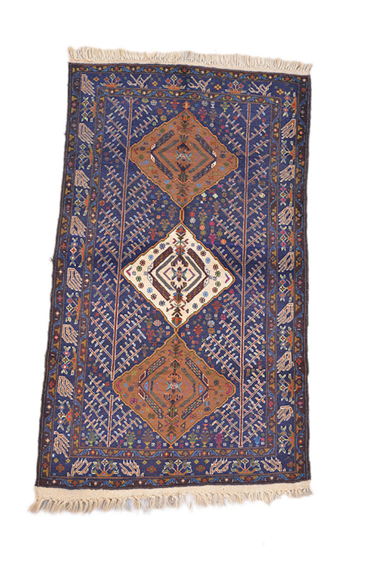 6.2 x 3.6 Ft | Blue Tribal Rug | Brown Beige Medallion Rug | Vintage Rug | Rustic Geometric Rug | Oriental Wool Hand Knotted Rug