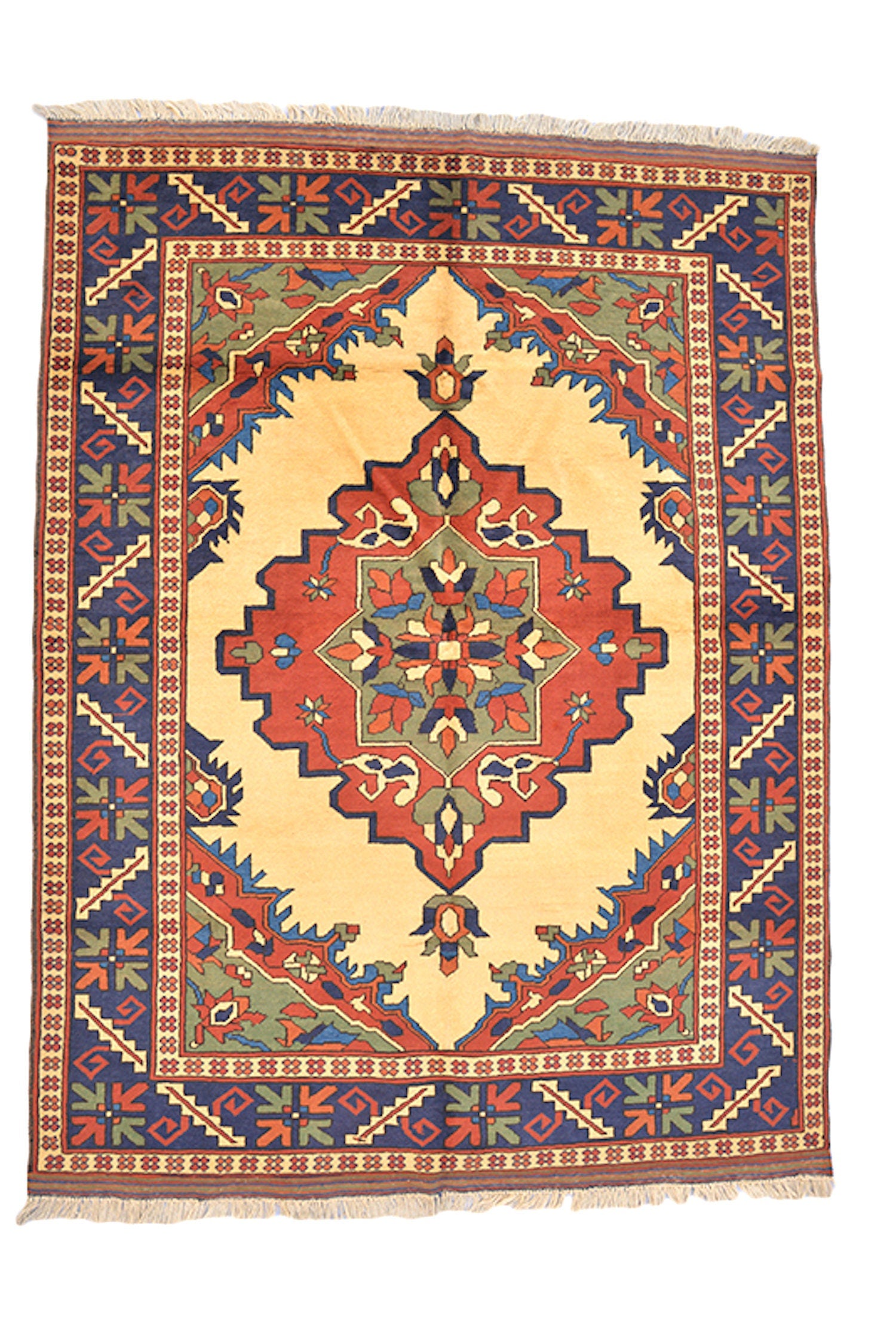 Size: 6'8" x 5'2" Ft | Hand Knotted Medallion Rug | Vintage Tribal Area Rug | Yellow Background Red Blue Pattern | Oriental Persian Rug