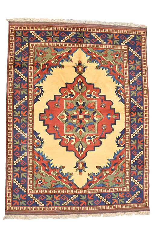 Size: 6'8" x 5'2" Ft | Hand Knotted Medallion Rug | Vintage Tribal Area Rug | Yellow Background Red Blue Pattern | Oriental Persian Rug