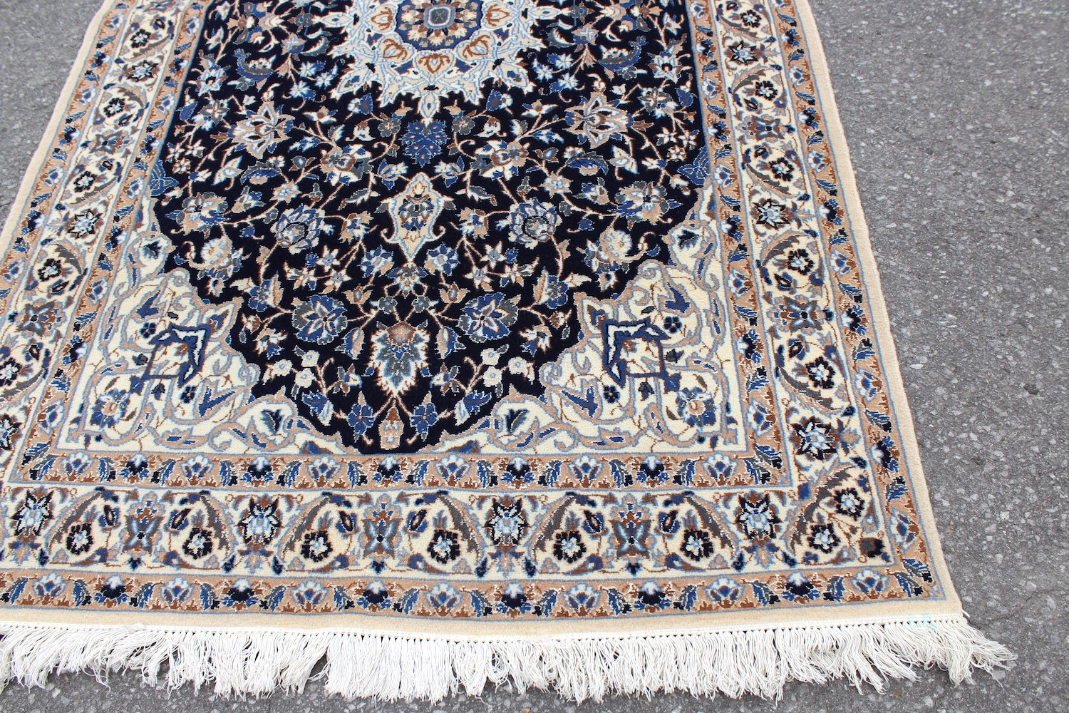 Antique Persian Blue 4x6 Medallion Rug | Traditional Oriental Design | Thick Wool Pile With Blue and Beige Details | Hand Knotted