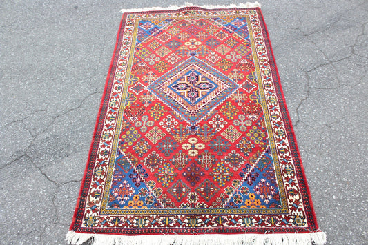 Red Vintage 3x6 Oriental Geometric Rug | Tribal Pattern Rug | Ethnic Persian Rug | Wool Handmade Rug