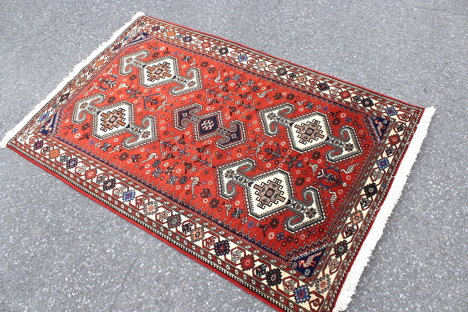 Red Turkish Rug | Bohemian Tribal Rug | 3 x 5 Ft Rug | Wool Rug | Geometric Design Rug | Vintage One of a Kind