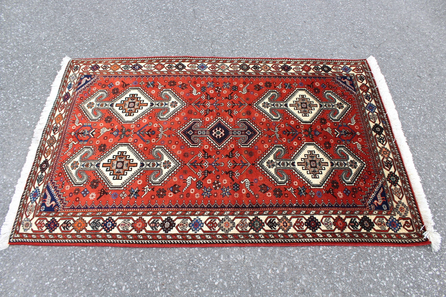 Red Turkish Rug | Bohemian Tribal Rug | 3 x 5 Ft Rug | Wool Rug | Geometric Design Rug | Vintage One of a Kind