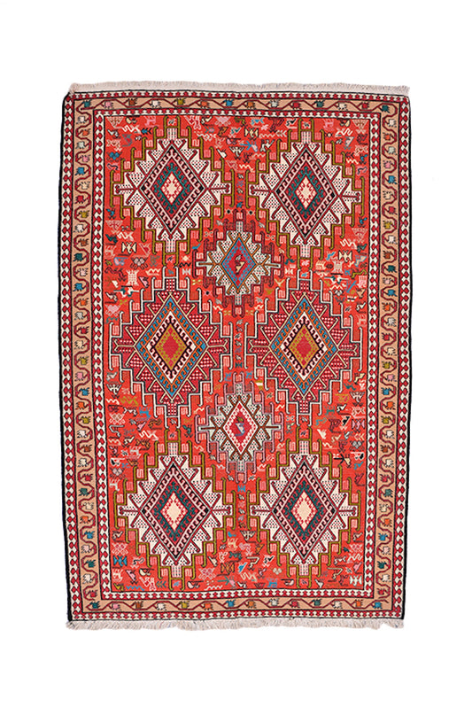 6 x 4 Ft Area Rug | Tribal Red Geometric Rug | Red Orange Geometric Rug | Ikat Vintage | Decorative Rug | Hand Knotted Rug | Bohemian Rug