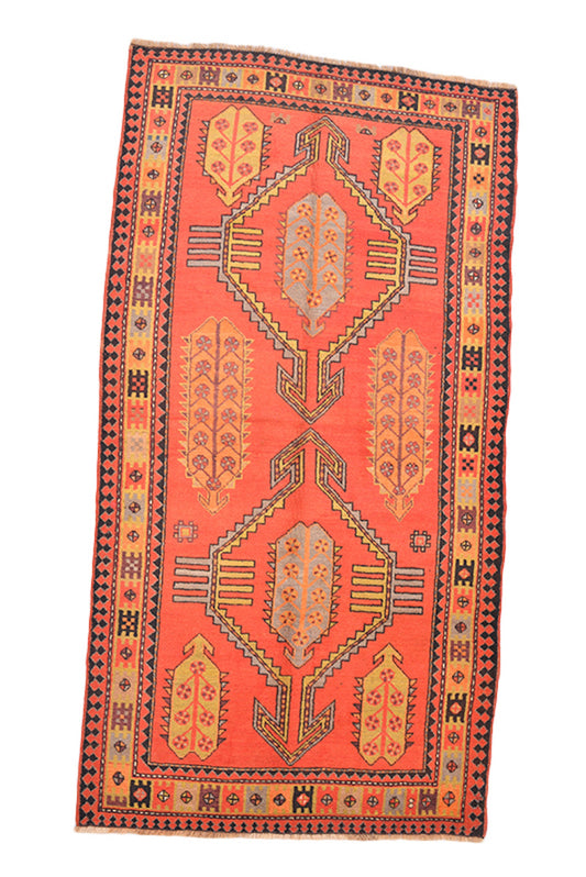 7'5" x 4'2" Feet Antique Rug | Bright Orange Rug | Vintage Kazak Rug | Bohemian Rug | Tribal Geometric Rug | Accent Kitchen Runner