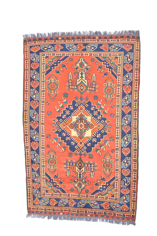 6 x 4 Rug | Bright Red Blue Tribal Rug | Persian Rug | Oriental Medallion Rug | Handmade Authentic Area Rug