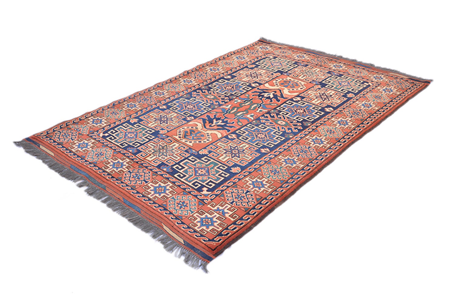 Size: 5.9 x 4.1 ft , Tribal Rusted Orange Blue Area Rug, Grid Tribal Pattern, Wool Antique Persian Rug