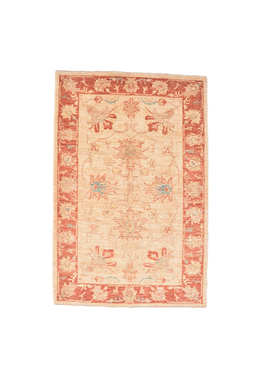Hand Knotted Vintage Rug, 5 x 3 Feet, Beige with Coral Border, Persian Floral Design, Wool Antique Rug
