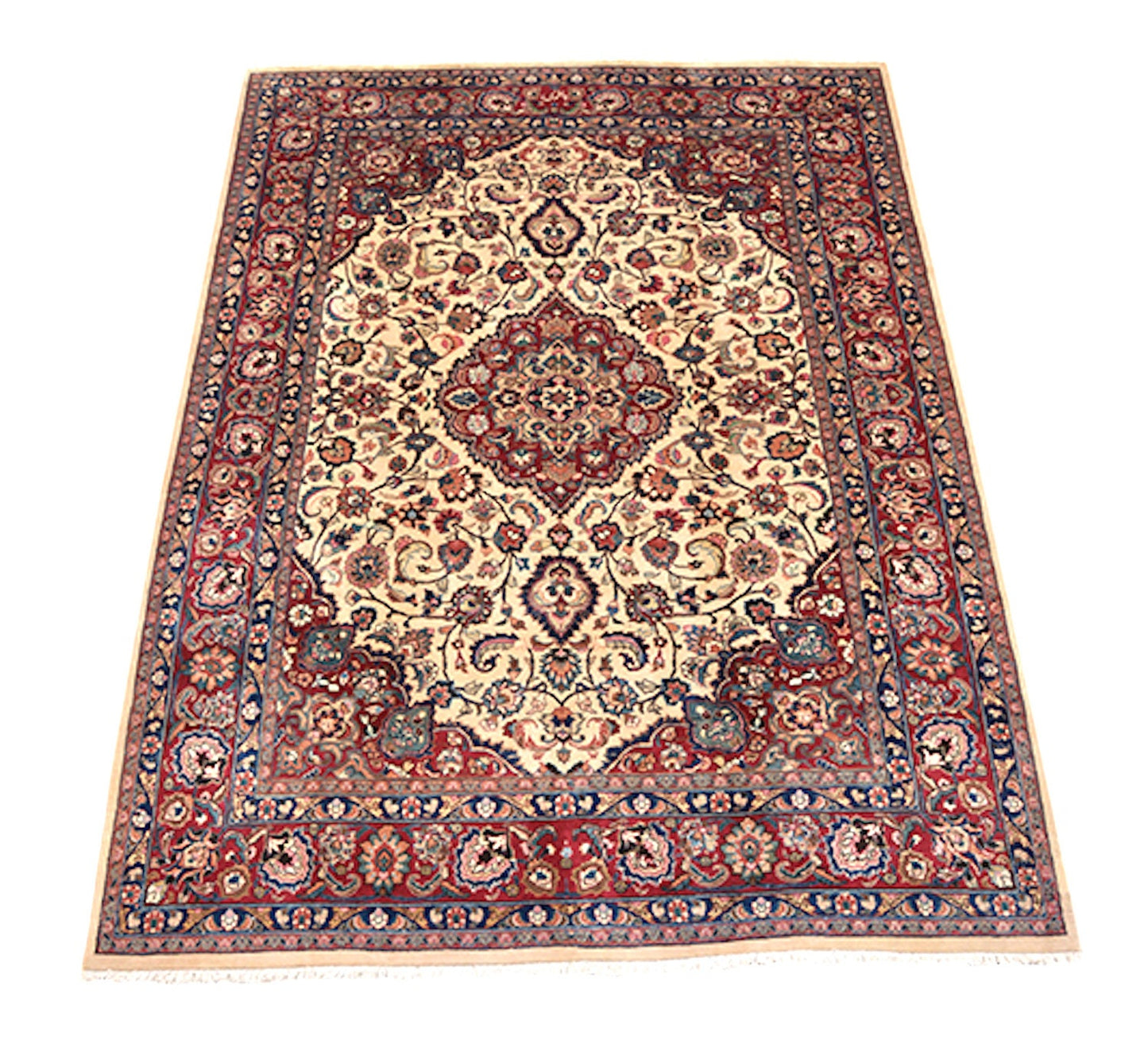 Large Red Persian 8x11 Rug with Beige Medallion | Hand Knotted with Oriental Design | Blue and Red Border | Luxury Wool & Cotton Rug